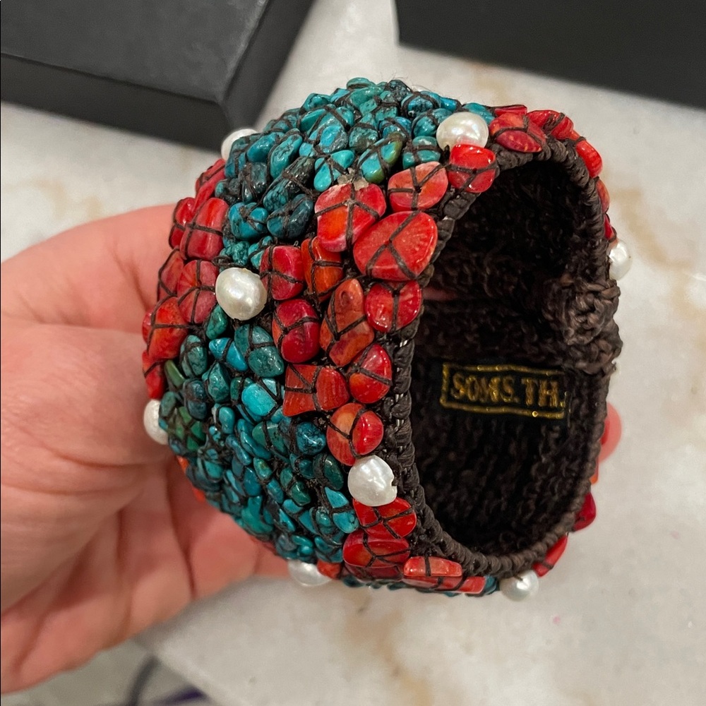 VTG Handmade Turquoise Coral Freshwater Pearl Expandable Cuff Bracelet